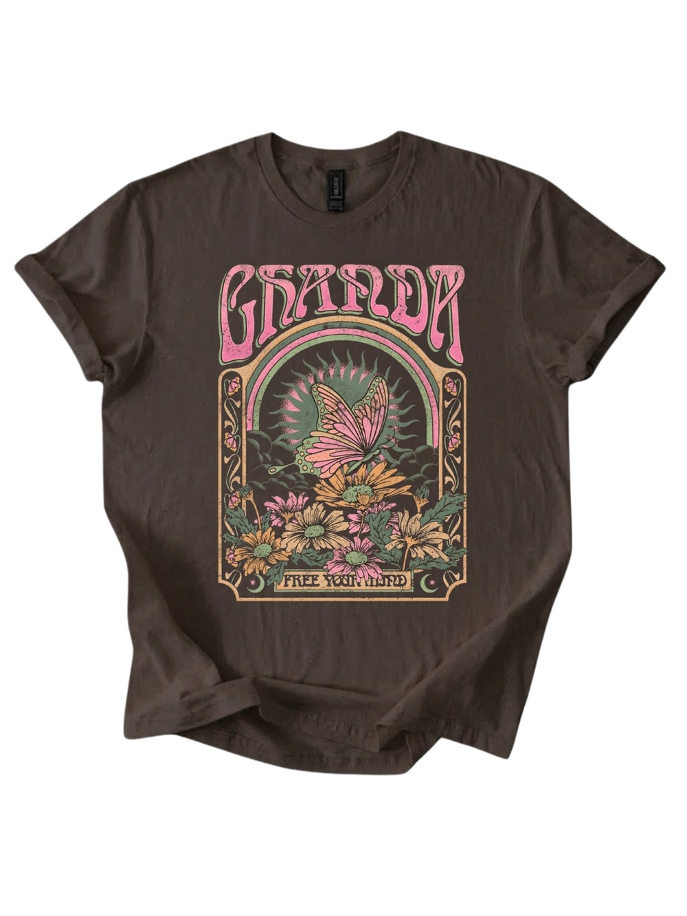 Brown Graphic 'Granda' Tee with Pink Butterfly